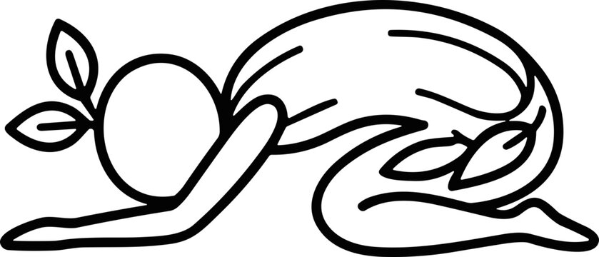 Stylized figure with leaves, bowing in humility and connection to nature.