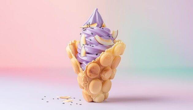 Purple soft serve ice cream in bubble waffle. Trendy street food dessert on pastel background.