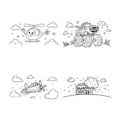 Cute Airplane Helicopter Monster Truck and School Bus Coloring Book Page Set Vector Line Art © imran