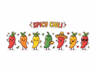Fototapeta premium Cute cartoon spicy chili peppers characters with various expressions and accessories, arranged in a row with 'SPICY CHILI' text above.