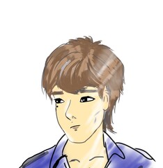 Hand drawn original anime style illustration of a handsome young man with brown hair on transparent background