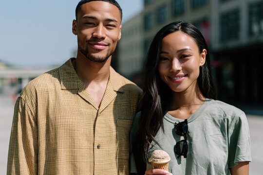 Portrait of smiling multicultural couple outdoors with ice cream for summer lifestyle banner and travel social media content