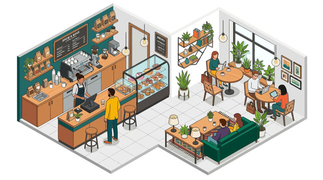 Isometric coffee shop interior with customers ordering and relaxing in a cozy atmosphere.