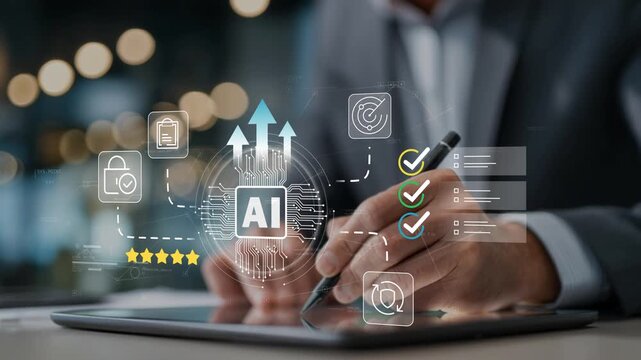 Business executive using enterprise AI platform with animated artificial intelligence icon, decision intelligence dashboard, smart business analytics and digital workflow automation