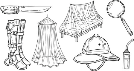 Collection of safari adventure icons including boots knife mosquito net bed hat and magnifying glass hand-drawn sketch style for travel and exploration themes © Zohaib