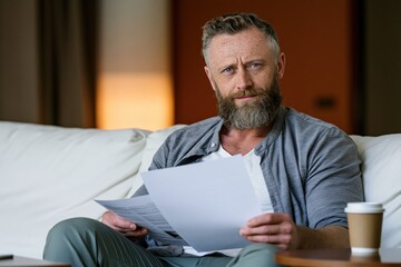 Fototapeta premium Mature bearded man reading paperwork on sofa at home with coffee cup for lifestyle background and business document review