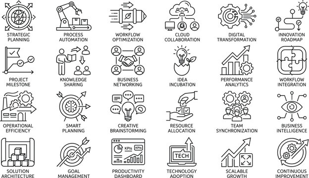 Business Strategy and Digital Transformation Line Icons Set with Workflow Management Productivity Analytics and Innovation Planning
