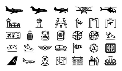 Aviation and Global Travel Line Icon Set Featuring Commercial Airplanes Airport Terminals Luggage Passports Flight Boarding Schedules and Navigation Map Graphics © MdFerdous