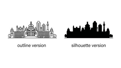 Obraz premium Cityscape Duo: An architectural ensemble of buildings presented in both line art and silhouette form, representing urban development and design.