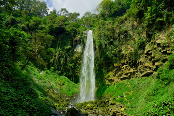 Waterfall of grojokan sewu in Indonesia streaming down, cascades down steep, verdant cliffside, through dense jungle. Ideal for travel , nature promos, and tourism features © faiz
