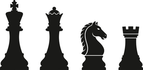 Chess Piece Silhouette Vector Set Featuring King Queen Knight and Rook Symbols for Business Strategy Competition Gaming and Leadership Graphic Designs © Joy
