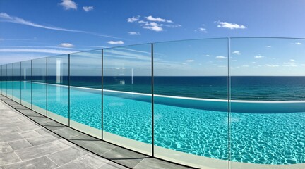Obraz premium Infinity pool with transparent glass fence overlooks deep blue ocean water. Modern resort architecture features clear railing panel along terrace edge. Outdoor scenery includes bright summer sky