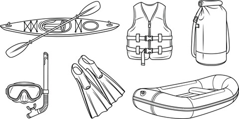 Collection of water sports equipment including a kayak life vest dry bag snorkel set flippers and inflatable boat isolated on white background © Zohaib