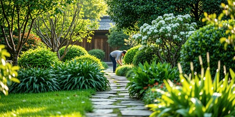 Fototapeta premium Person works in green garden with stone path, trees. Man tends to plants outdoors in nature on sunny day. Adult gardener cares for flowers in backyard during hobby time. Peace, healthy lifestyle in