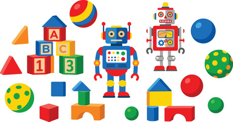 Naklejka premium Colorful Kids Toys Vector Element Set with Retro Robots ABC Building Blocks Wooden Geometric Shapes and Play Balls for Early Childhood Education Designs