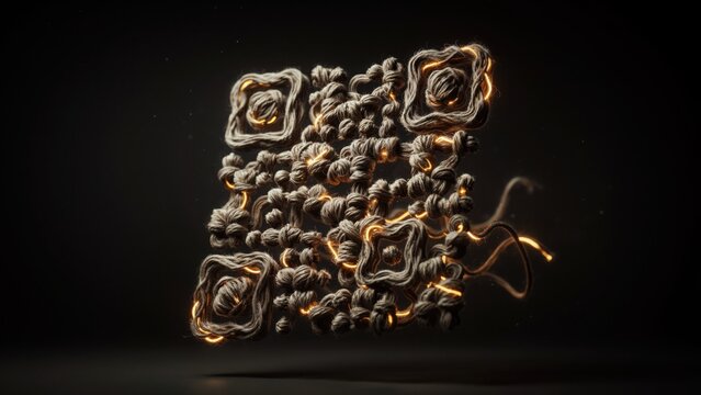 Creative 3D QR code made of braided rope and macrame fibers with glowing embers on dark background