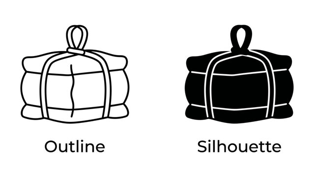 Two Duffle Bag Icons: A side-by-side comparison showcasing an outline and a silhouette icon of a duffle bag, ideal for travel or sports-related designs.