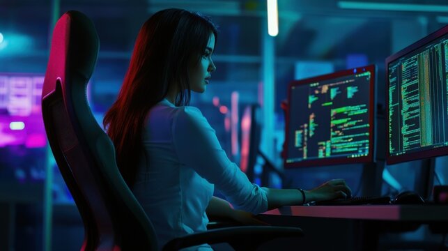 woman working on computer screens in dark room