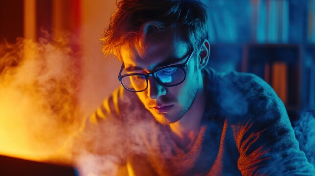 young man with glasses in smoke