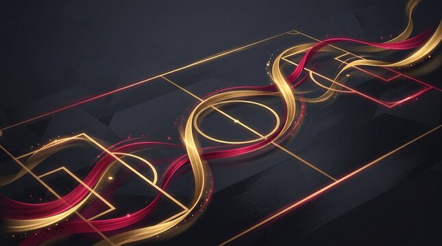 Isometric glowing soccer pitch outline surrounded by dynamic fluid ribbon wave lines and light particles for sports championship abstract design