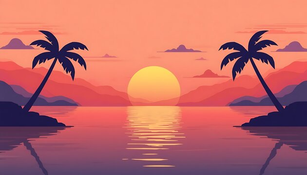 Tropical lagoon sunset illustration. Flat vector landscape with palm trees and ocean view.