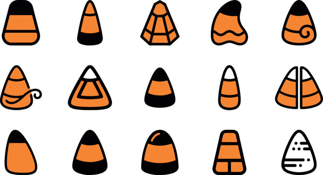Collection of hand drawn candy corn illustrations isolated on white background for autumn and halloween holiday design projects