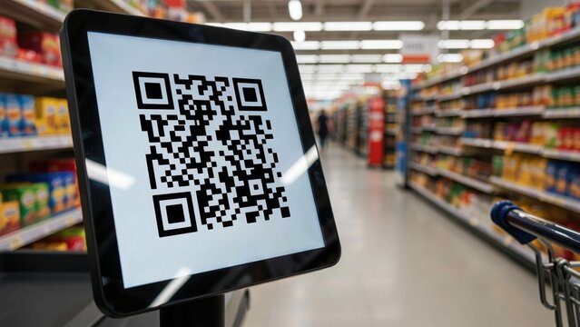 Contactless payment QR code on a digital display terminal inside a modern retail grocery store