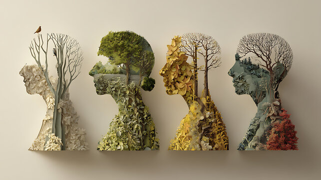 Human profiles intertwined with trees and changing landscapes, symbolizing mental health, emotional resilience, personal growth, healing, inner balance, renewal and wellbeing