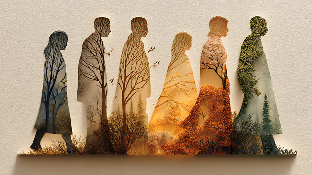 Human silhouettes filled with changing landscapes and seasons, symbolizing mental health, emotional resilience, healing, personal growth, life transitions, balance and renewal
