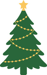 Fototapeta premium Green christmas tree with yellow star and garland, isolated on white background