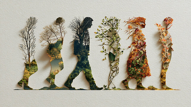 Human silhouettes transforming through changing seasons, symbolizing mental health, emotional growth, healing, resilience, personal transformation, balance and the cycle of life
