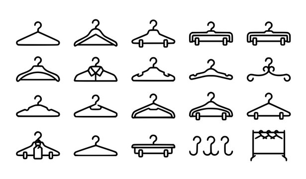 Clothes Hanger Line Icon Set with Coat Hanger Clothing Rack Wardrobe and Laundry Symbols Editable Stroke Vector