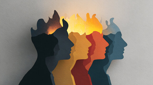 Layered paper silhouettes with glowing flames inside their heads expressing emotional overload, burnout, resilience, healing, psychological wellbeing, mindfulness and inner balance