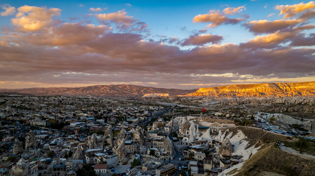 Aerial view of  Banner Beautiful landscape background  with sunset view in the region of capadocia in Turkey