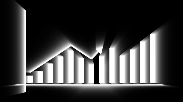 Glowing 3D Financial Growth Bar Chart Animation with Rising Trend Arrow for Business Success, Stock Market Analytics, Corporate Profit Increase, Dark Mode Data Infographic, and Investment Concept