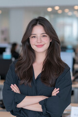 Fototapeta premium confident asian businesswoman with glasses in modern office, smiling professional asian woman in elegant corporate portrait, friendly businesswoman wearing round glasses in bright office