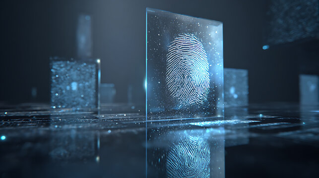 Transparent glass panel displaying a glowing biometric fingerprint in a futuristic digital environment, symbolizing cybersecurity, identity verification, secure authentication, privacy and data protec