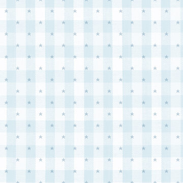 Light blue and white gingham plaid pattern background with stars