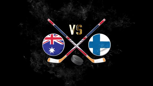 Australia vs Finland Hockey Match Illustration with Crossed Hockey Sticks, National Flags, VS Symbol and Hockey Puck
