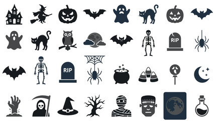 Fototapeta premium Dark silhouette icons of Halloween characters and creatures.