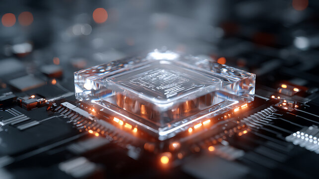 Advanced transparent processor on futuristic circuit board representing artificial intelligence, quantum computing, semiconductor innovation, digital architecture and smart technology