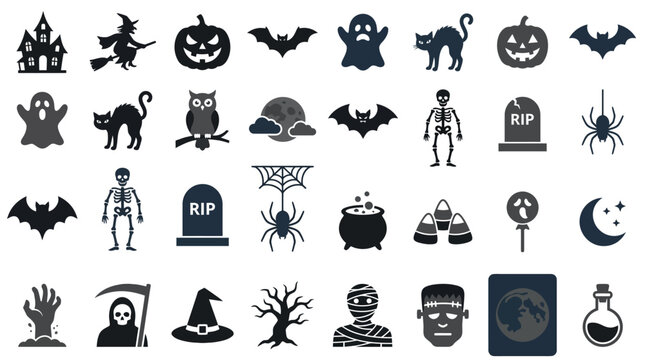 Dark silhouette icons of Halloween characters and creatures.