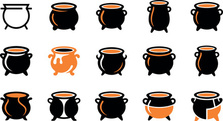 A collection of various black cauldron icons for halloween and fantasy magic themes on a white background © MSTSHAHINUR