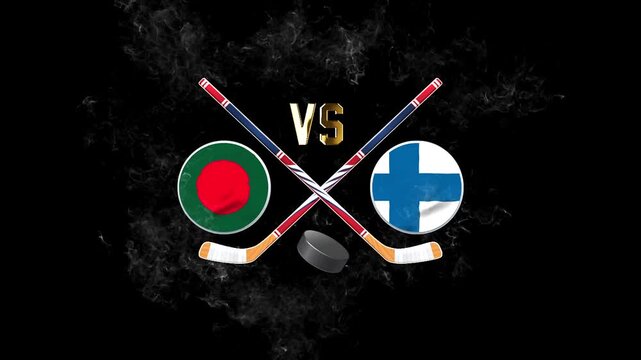 Bangladesh vs Finland hockey match concept with crossed hockey sticks, puck, and national flags on a dark background