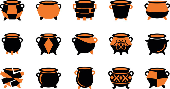 Set of fifteen hand drawn ceramic pots and cauldrons with various patterns and shapes on white background