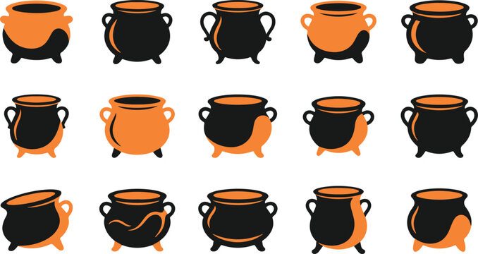 Set of various black and orange witch cauldrons for halloween decoration and magical potion brewing on white background