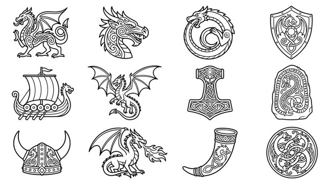 Viking Norse Symbols: Dragons, Thor's Hammer, Shield, Ship, Helmet