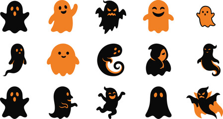 Fototapeta premium Playful Halloween ghost silhouette icons in black and orange with abstract shapes expressions for festive design projects