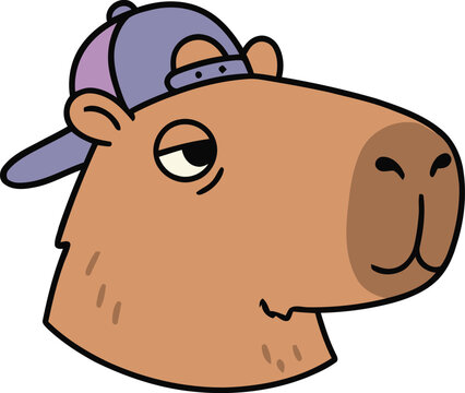 Cool cartoon capybara wearing a purple backward baseball cap accessory