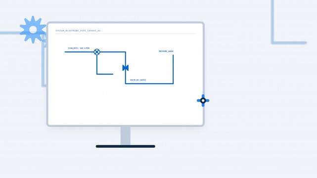 Digital blueprint of a pipe system architecture on a computer monitor.